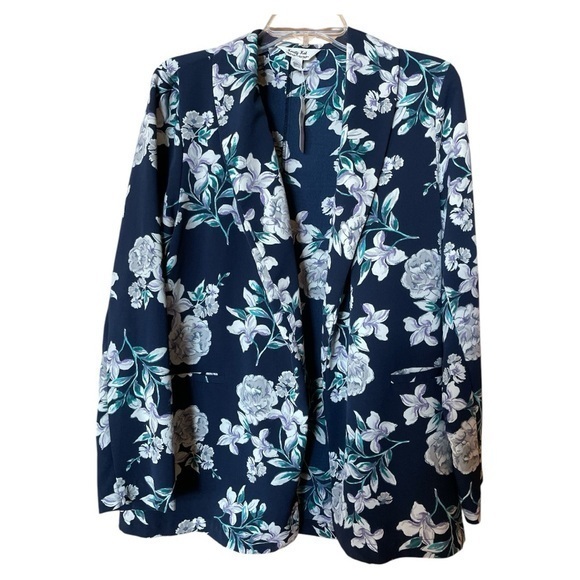 Krazy Kat Women’s Floral Open Blazer Lightweight Navy Jacket Pockets Large‎ NWT - Picture 1 of 9